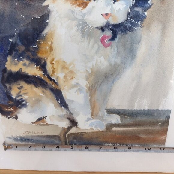 Deb Zeller Signed Water Color Painting Sitting Calico Cat Kitty 11 X 15 Midwest - Picture 5 of 6